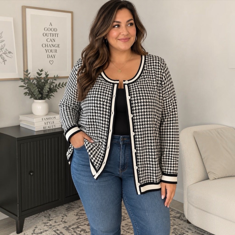 Talbots Plus 3X Houndstooth Black Ivory Button Cardigan Sweater